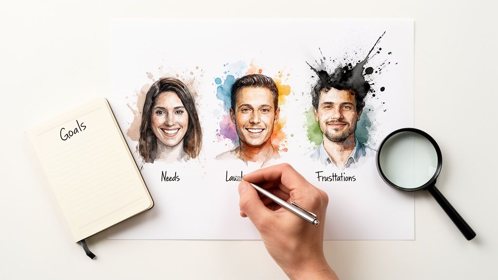 User persona development with watercolor portraits, a notebook with 'Goals', and a magnifying glass.