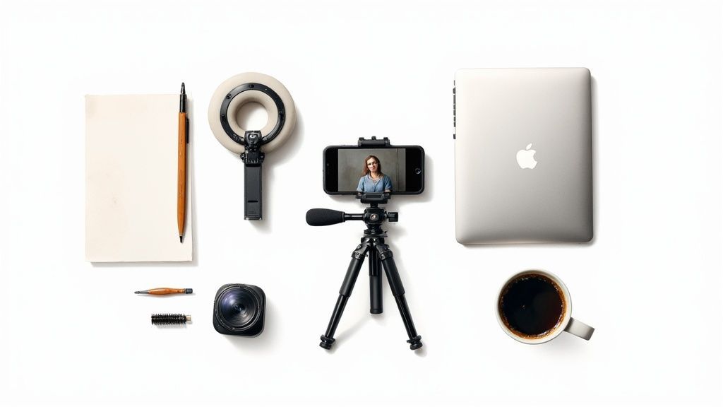 A flat lay of video production essentials including a smartphone on a tripod, ring light, laptop, and coffee.