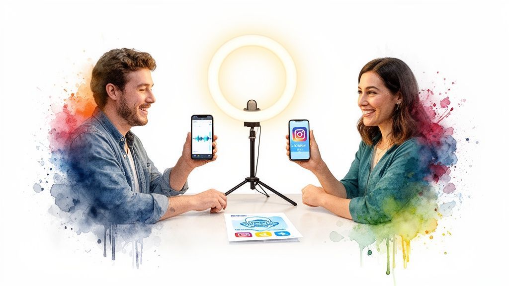 Smiling man and woman holding smartphones, with a ring light and social media icons.