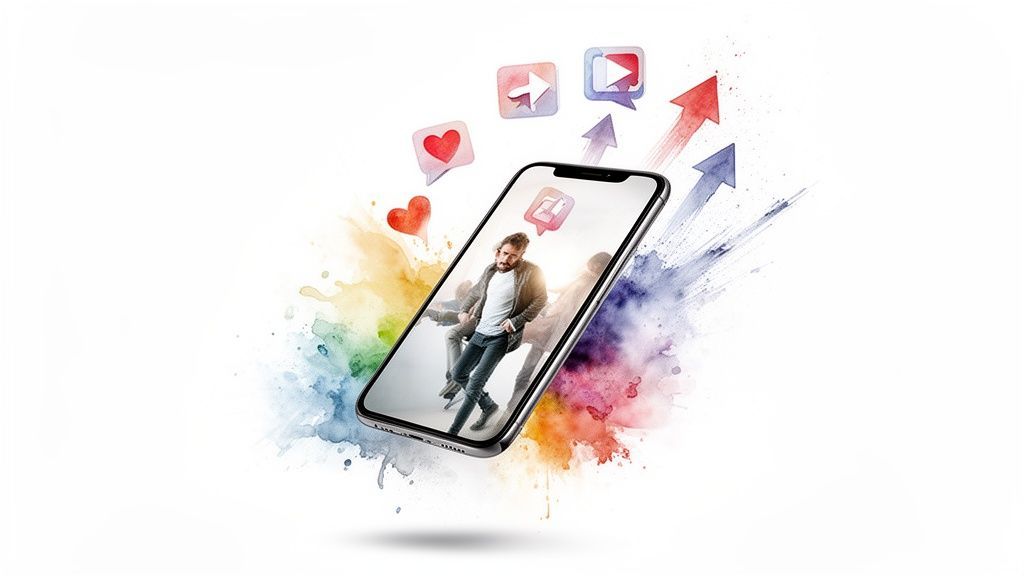 A smartphone displays a man, surrounded by social media icons and upward arrows, symbolizing digital growth.