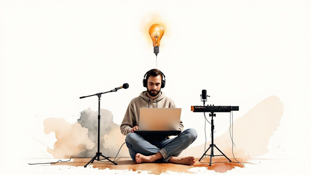 A man creating music on a laptop, surrounded by audio equipment, with a glowing idea bulb above his head.