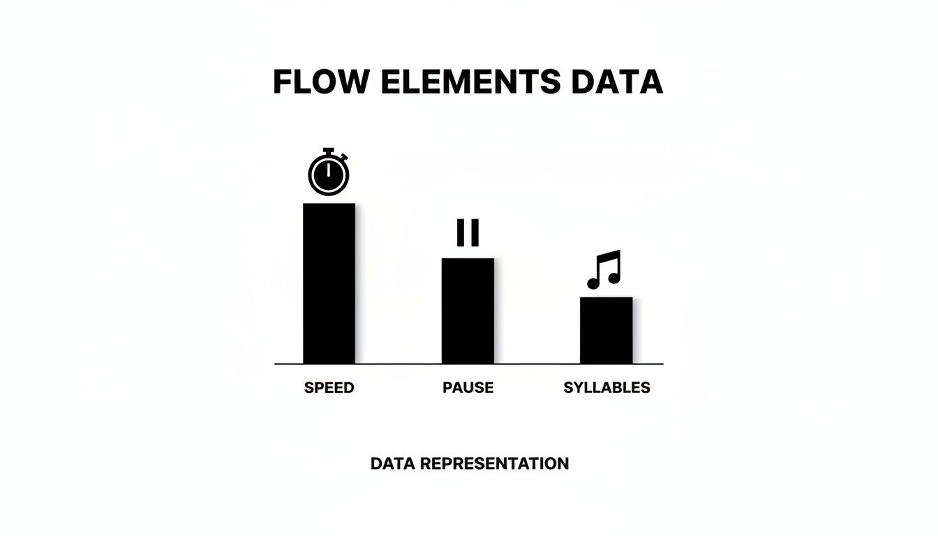 A bar chart illustrating flow elements data: speed, pause, and syllables, each with a corresponding icon.