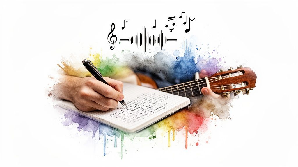 A person's hands write song lyrics in a notebook next to a guitar, surrounded by musical notes and watercolor splashes.