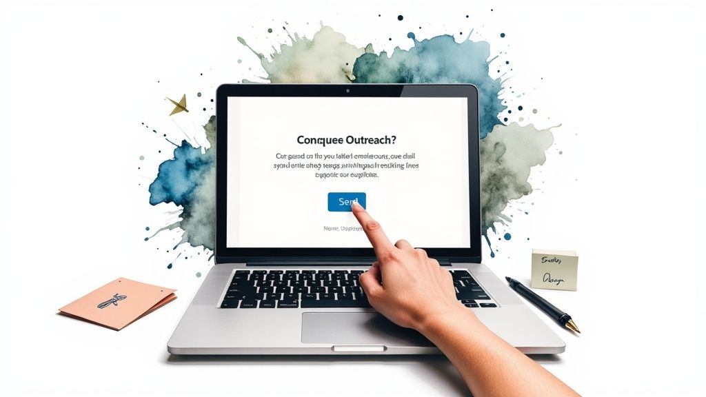 A person typing on a laptop, crafting a pitch email for a brand deal.