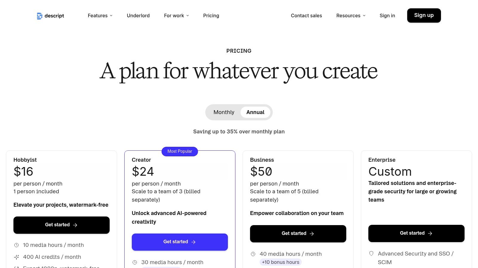 Descript's pricing plans for its AI video and audio editor