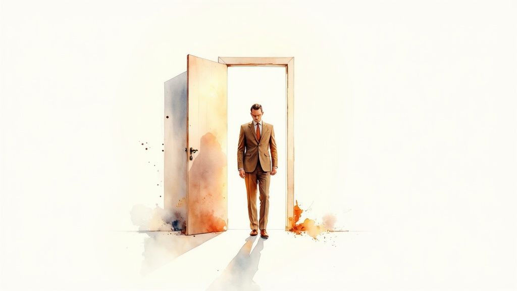 A man in a brown suit stands in an open doorway, looking down, in a watercolor style.