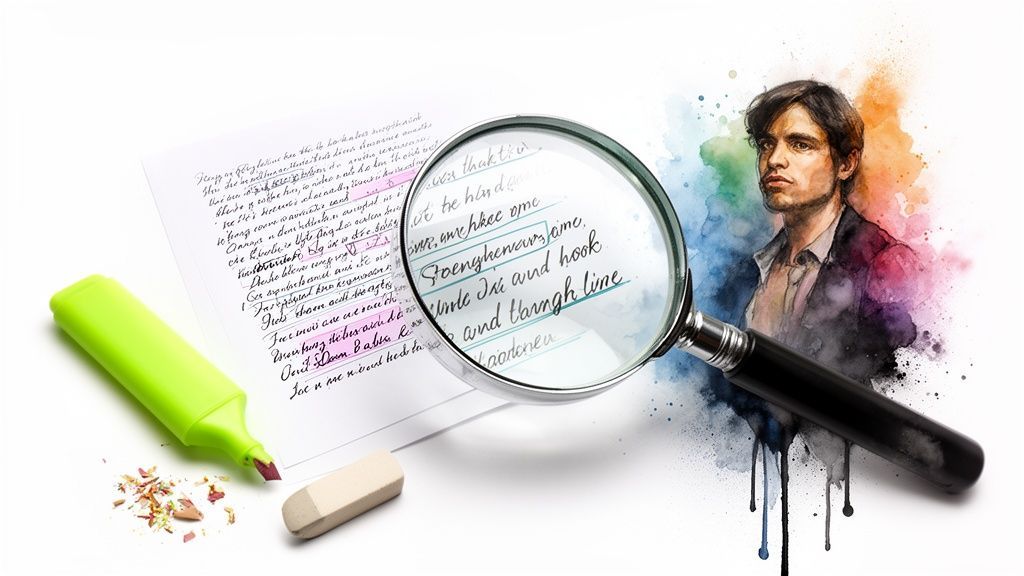 A magnifying glass over handwritten song lyrics with a highlighter, eraser, and artistic man.