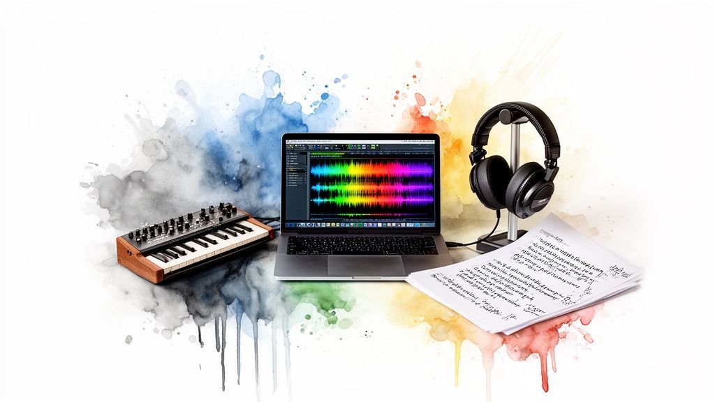 A music production setup with a laptop, MIDI keyboard, headphones, and sheet music on a colorful background.