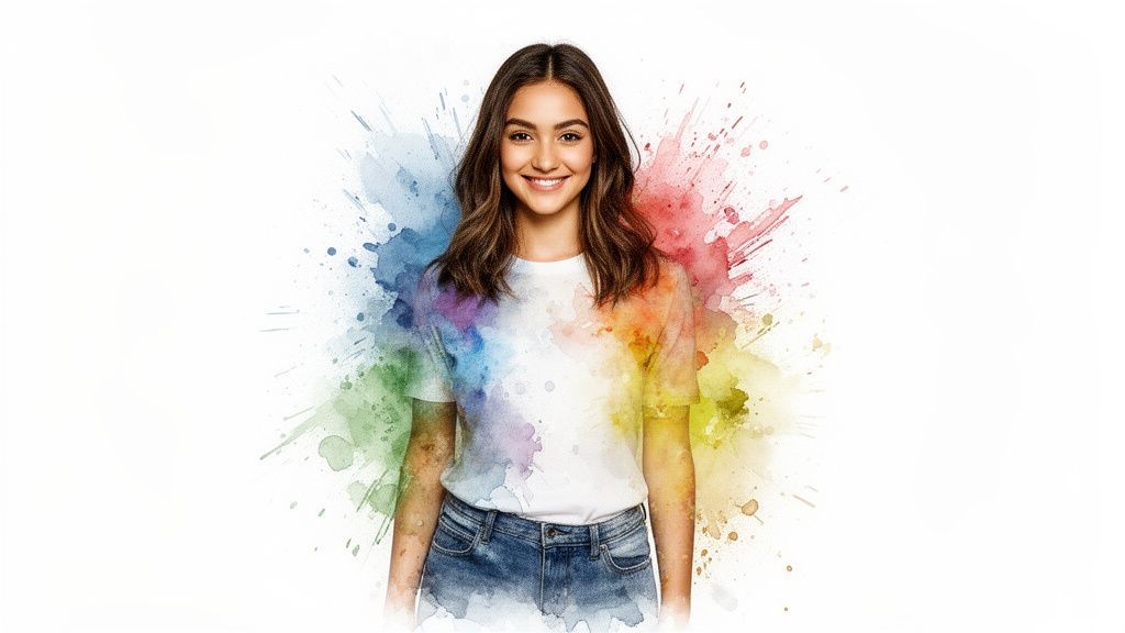 Smiling woman in a paint-splashed t-shirt and jeans against a vibrant watercolor background.