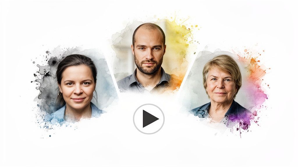 Three diverse individuals, a woman, a man, and an older woman, in watercolor portraits with a video play button.