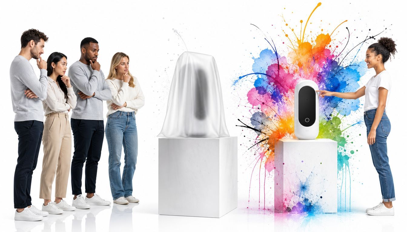 A woman presenting a modern electronic device to a group of curious people standing in line.