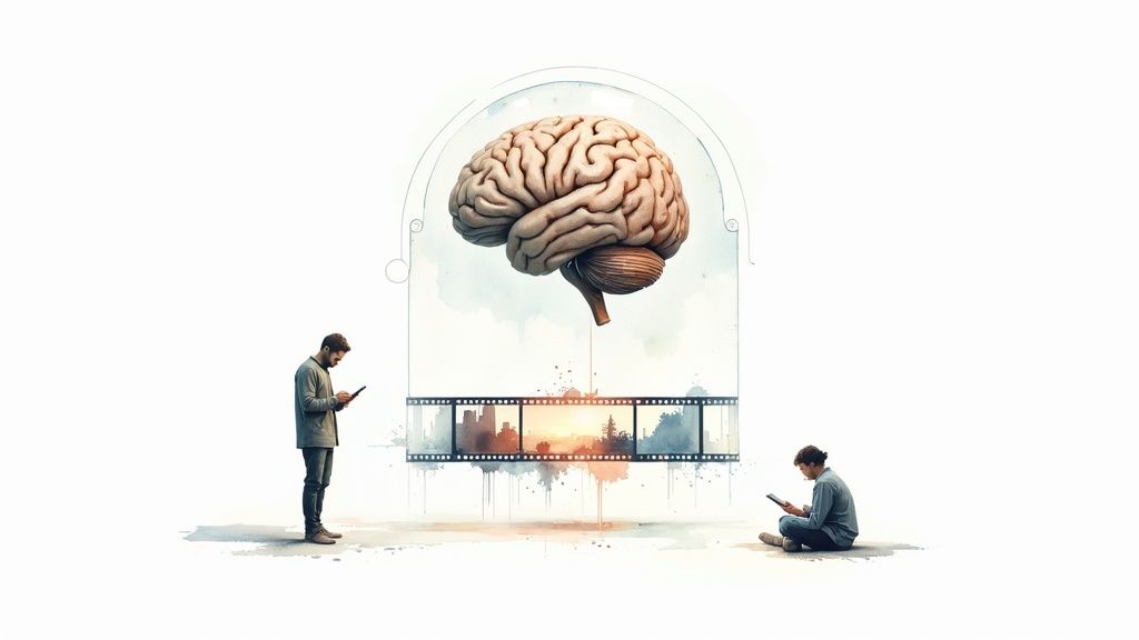 Human brain above a film strip with cityscapes, two men using tablets.