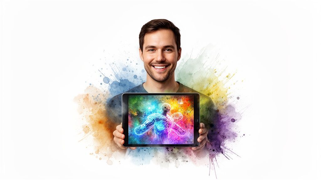 A smiling man holds a tablet displaying a vibrant human anatomy illustration, surrounded by colorful watercolor splatters.
