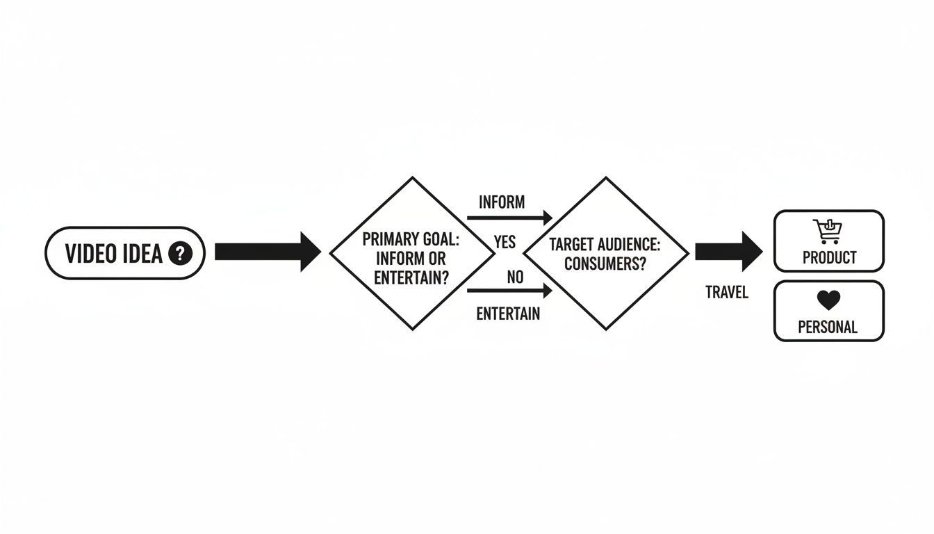 Flowchart for video idea generation, guiding decisions based on goal and audience towards product or personal content.
