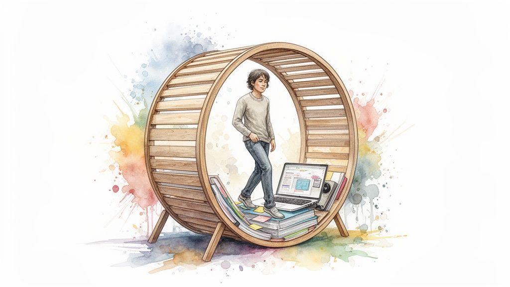 Watercolor illustration of a young person walking on books and a laptop inside a large hamster wheel.