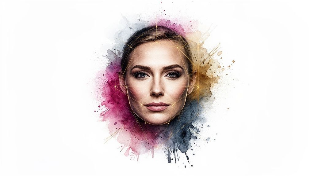 A woman's face depicted with colorful watercolor splashes and glowing geometric lines on white.
