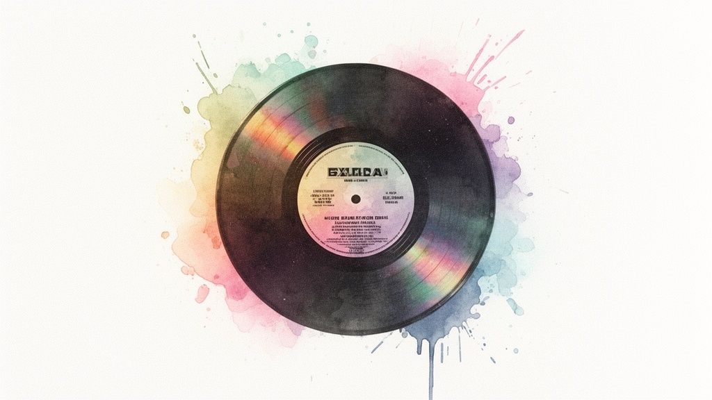 A vibrant black vinyl record with colorful watercolor paint splashes on a white background.