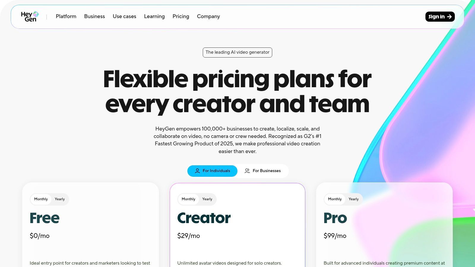 HeyGen's pricing plans highlighting its free tier and credit system
