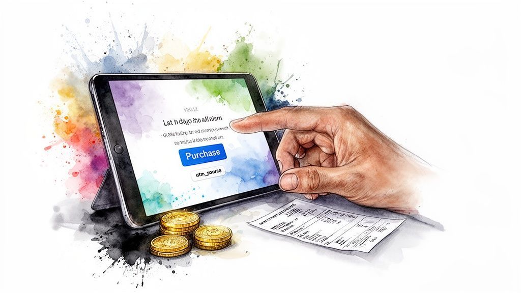 A hand taps a purchase button on a tablet, with gold coins and a receipt nearby, in watercolor style.