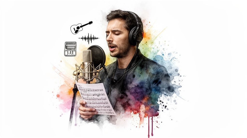 A man singing into a studio microphone, wearing headphones, surrounded by watercolor art and music icons.