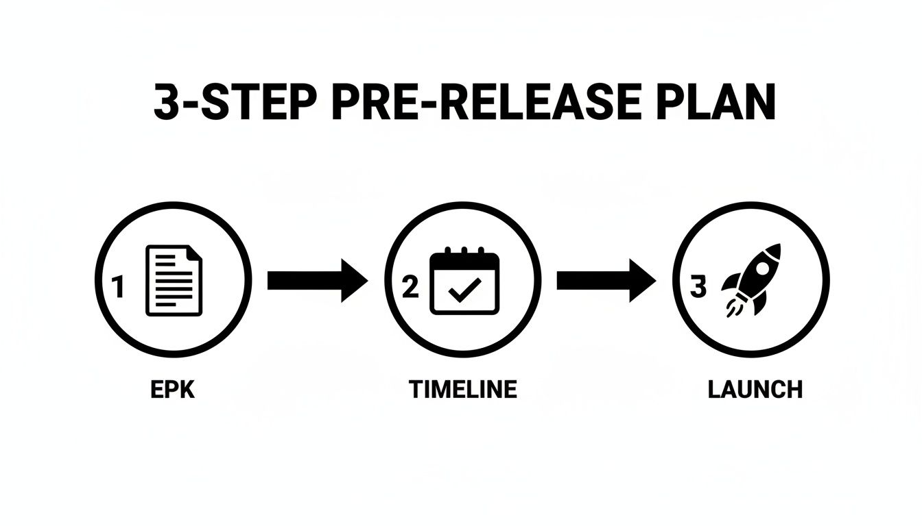 A 3-step pre-release plan infographic illustrating EPK, timeline, and launch stages.