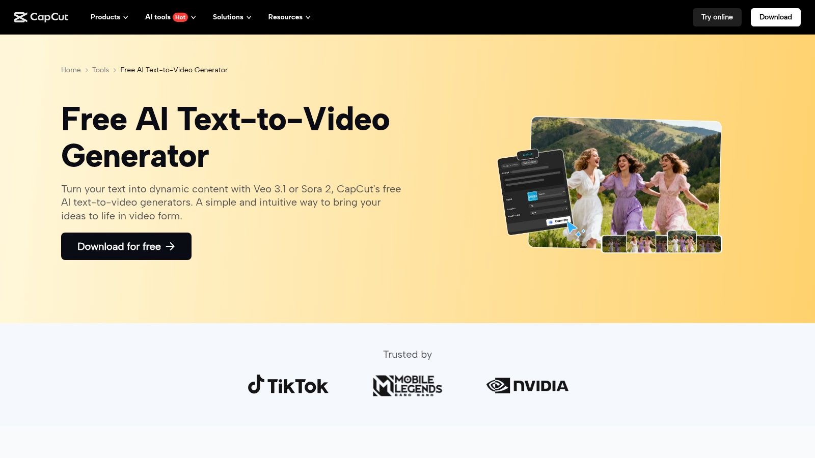 CapCut's AI Text‑to‑Video interface showing a prompt and generated video clips.