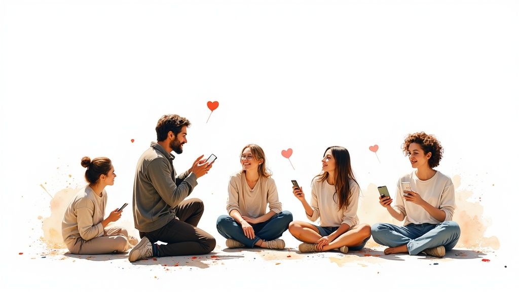 Group of diverse people sitting, engaged with smartphones, showing social media interaction with hearts.