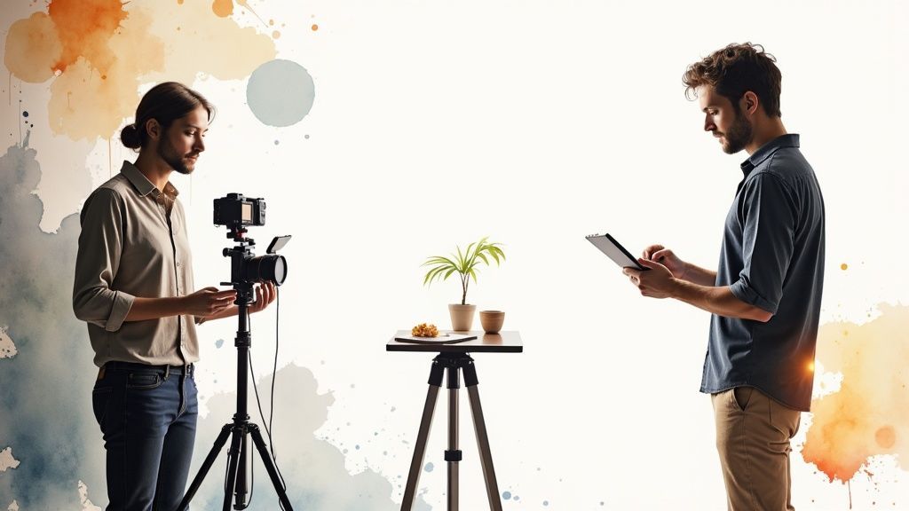 Two men, one with a camera on a tripod, another with a tablet, working on a product photoshoot.