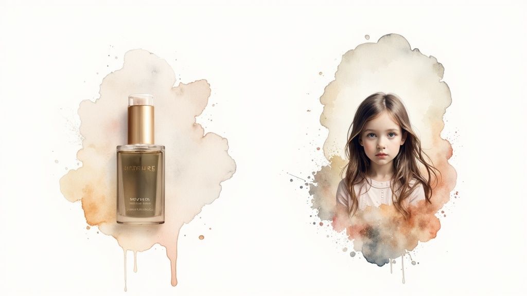 Elegant perfume bottle next to a charming girl's portrait with artistic watercolor accents.