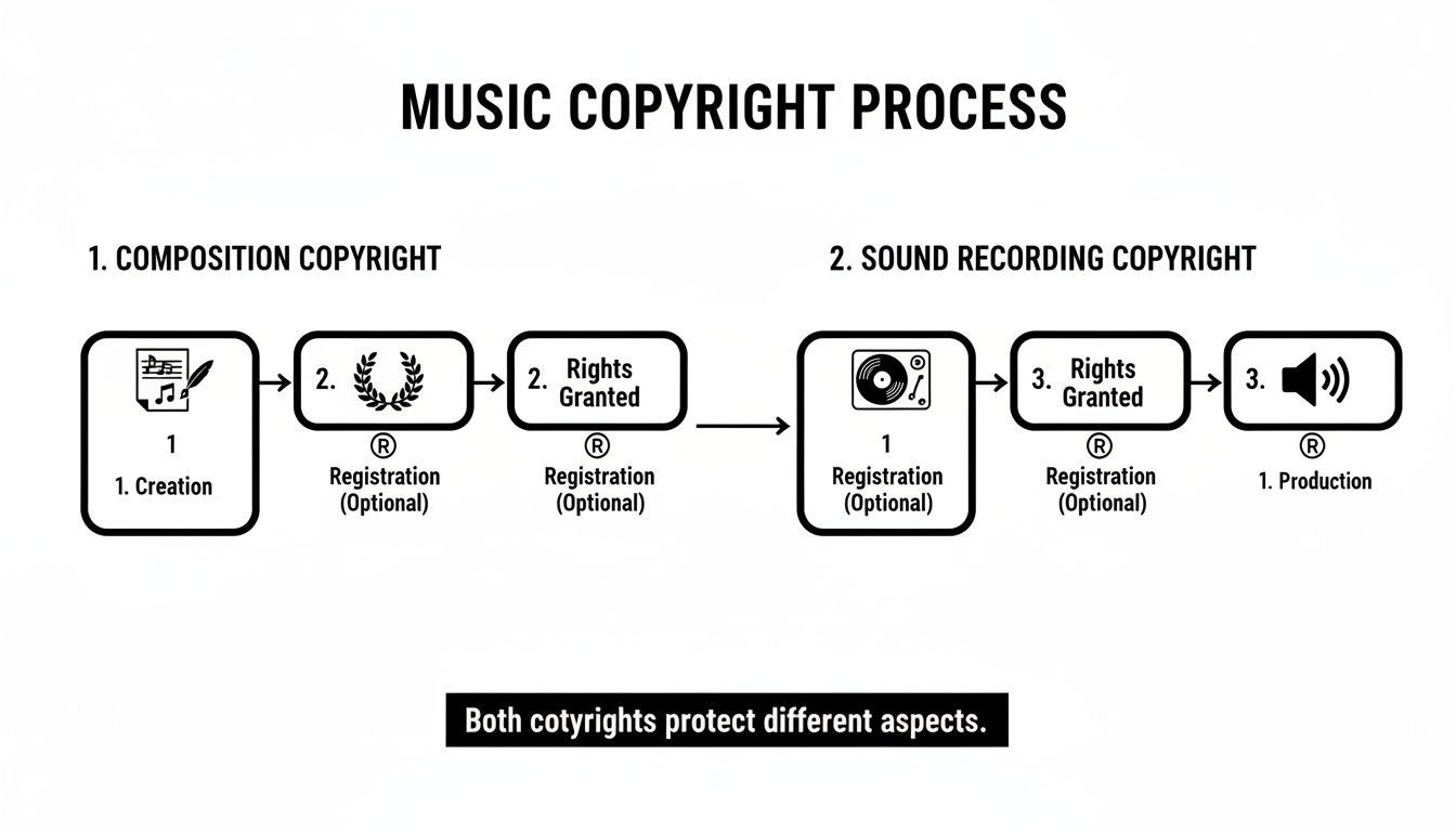 Flowchart illustrating the music copyright process, detailing steps for composition and sound recording rights.