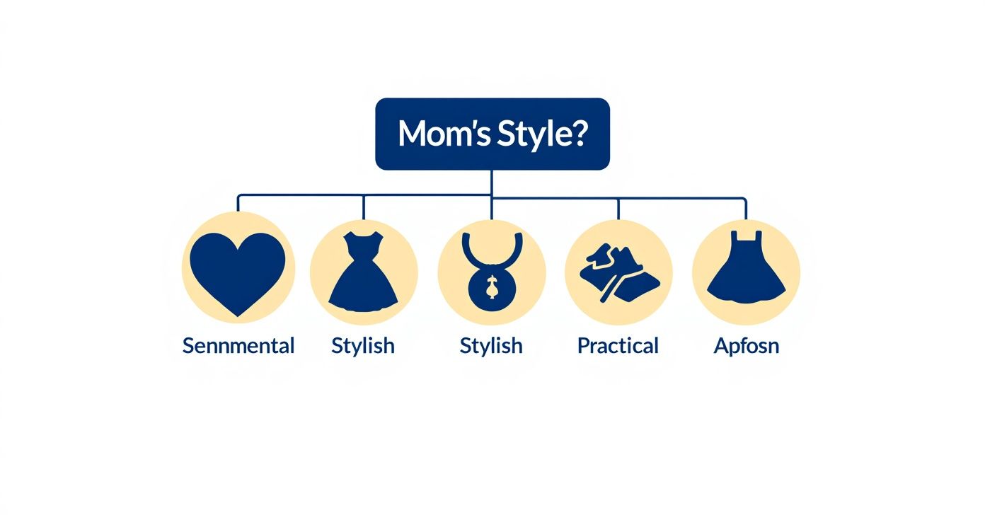 Flowchart showing five different mom's style categories: sentimental, stylish, practical, and apron with icons