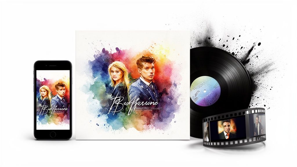 A collection of music products: a smartphone, album cover, vinyl record, and film strip, all featuring a watercolor portrait.