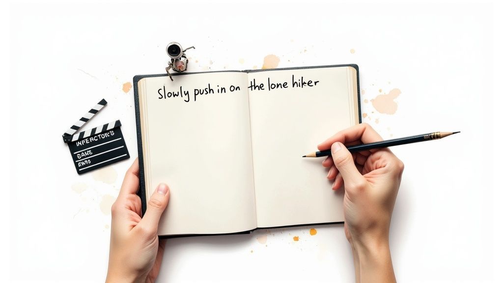 A person's hands holding an open notebook with "Slowly push in on the lone hiker" written, alongside a pencil and film clapperboard.