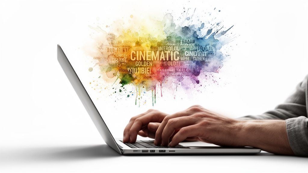 Hands typing on a laptop with a vibrant watercolor word cloud featuring 'CINEMATIC' and 'GOLDEN'.