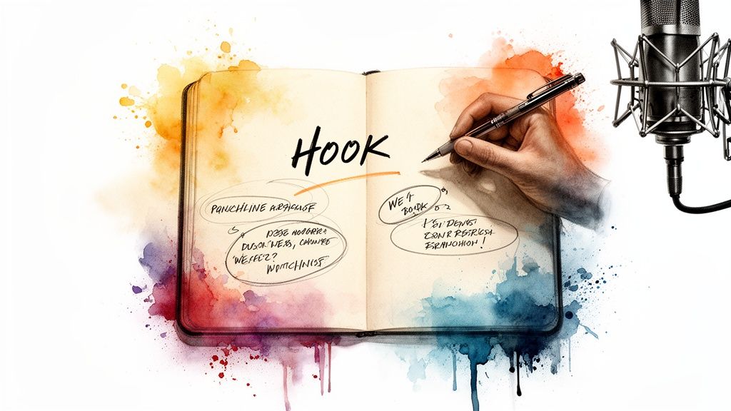 Hand writes 'Hook' in a notebook with brainstorming notes, beside a professional microphone and watercolor splashes.