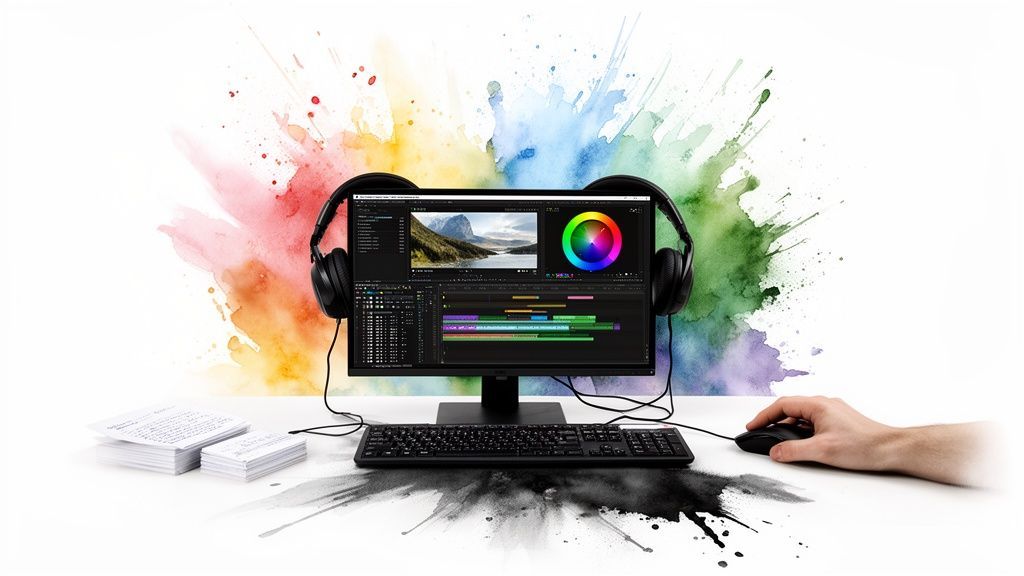 A video editing workstation with a monitor, headphones, keyboard, mouse, and notes amidst colorful splashes.