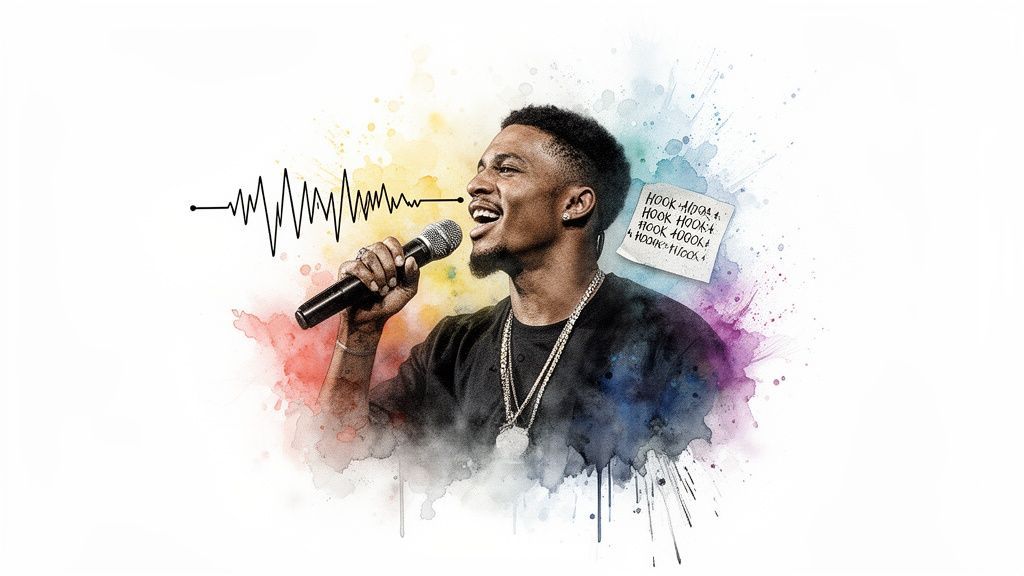 A male rapper passionately singing into a microphone, with a sound wave and colorful watercolor art.