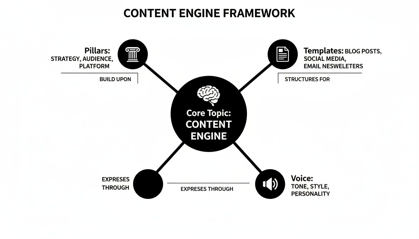 A content engine framework diagram showing core topic, pillars, templates, and voice for content creation.