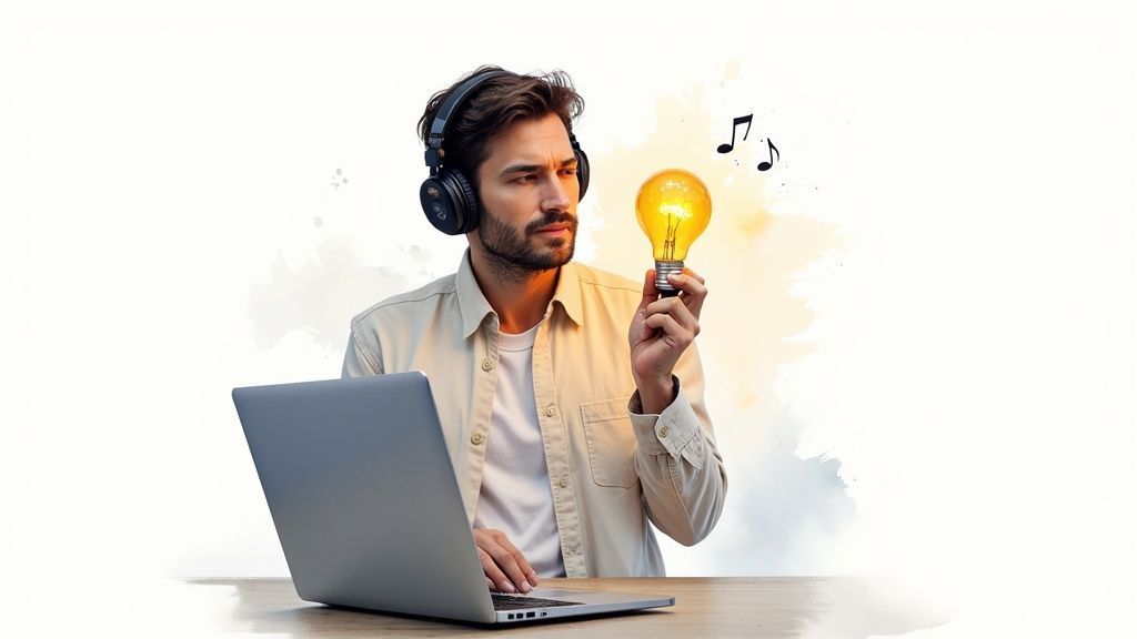 A man with headphones looks at a glowing lightbulb, an idea sparked by music, while working on a laptop.