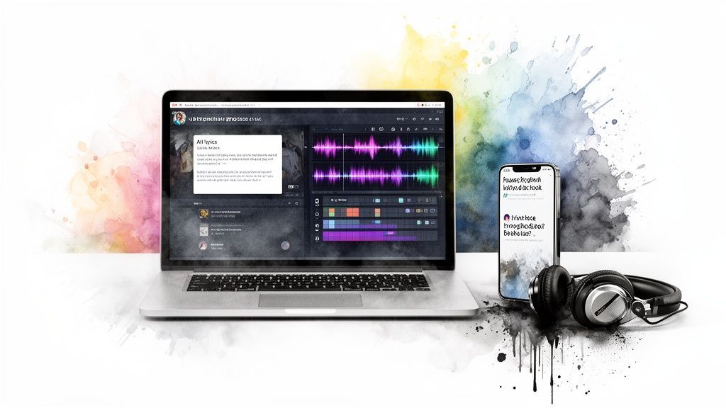 A laptop displaying music production software, a smartphone, and headphones on a colorful watercolor background.