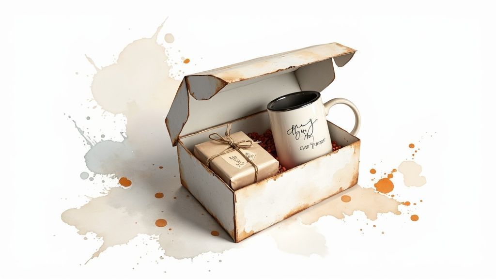 Gift box containing wrapped present and thank you mug for employee recognition program