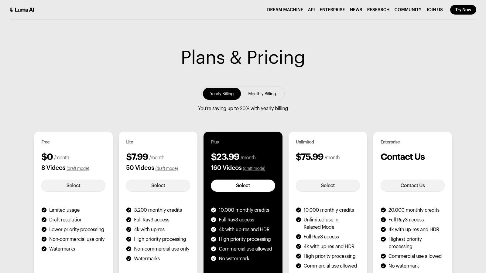 Luma AI's pricing plans show a free tier and credit-based paid options