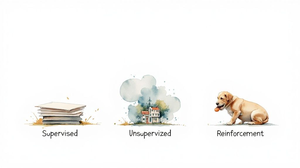 Three watercolor illustrations depicting supervised learning with papers, unsupervised with a house, and reinforcement with a dog.