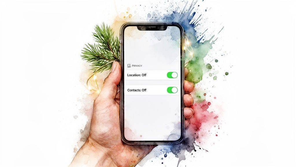 A hand holds a smartphone displaying privacy settings with location and contacts turned off.