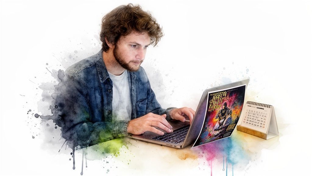 A man with a beard uses a laptop displaying a colorful music event poster with watercolor effects.