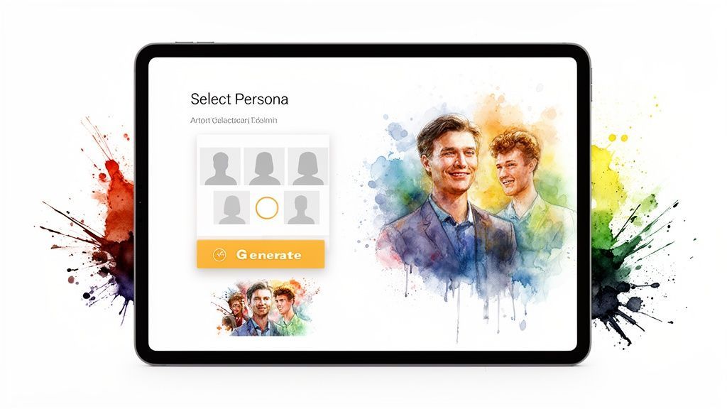 Tablet displaying an AI persona generator app with watercolor portraits and colorful paint splatters.