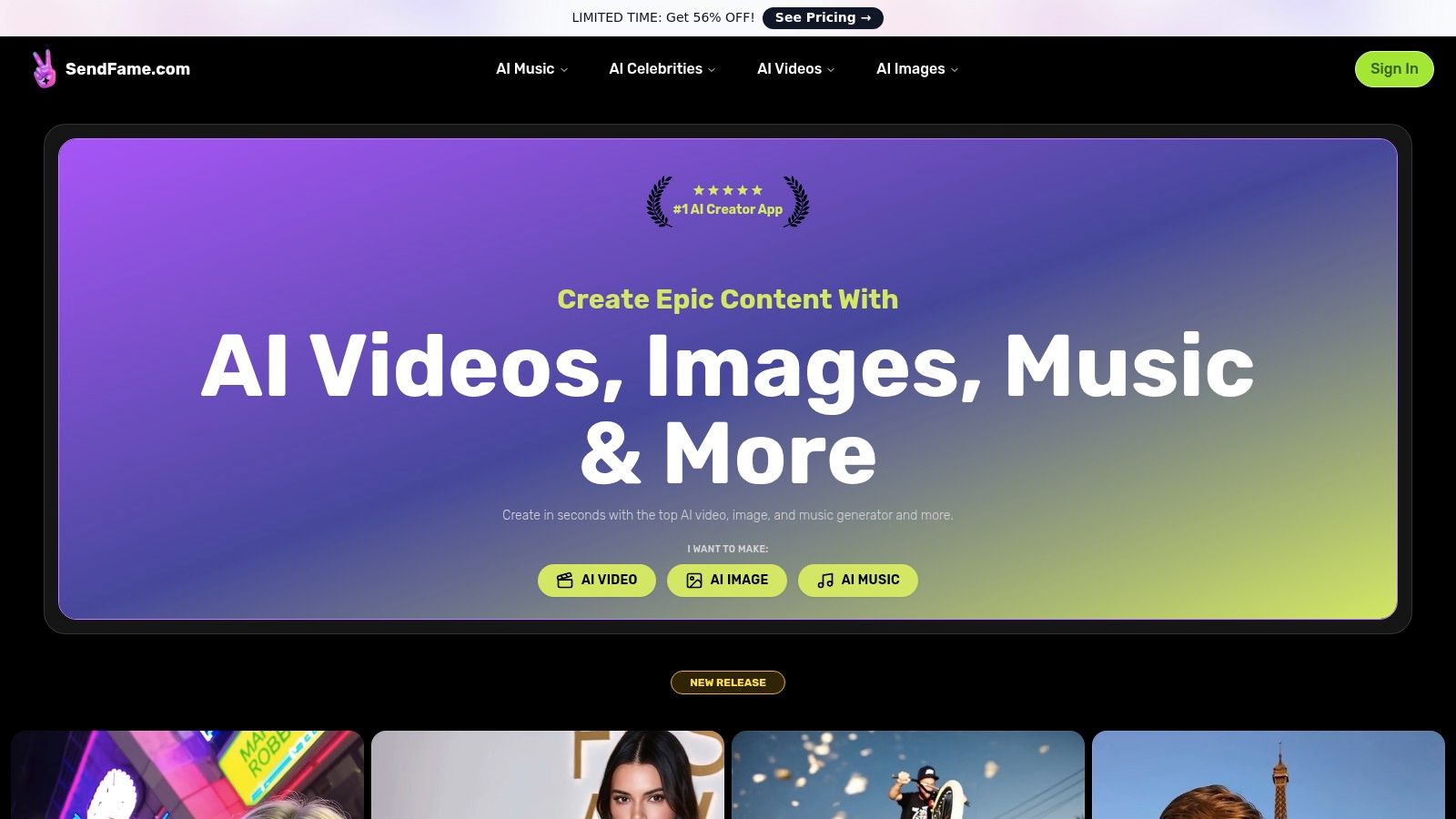 SendFame AI Video Creation Tool Interface