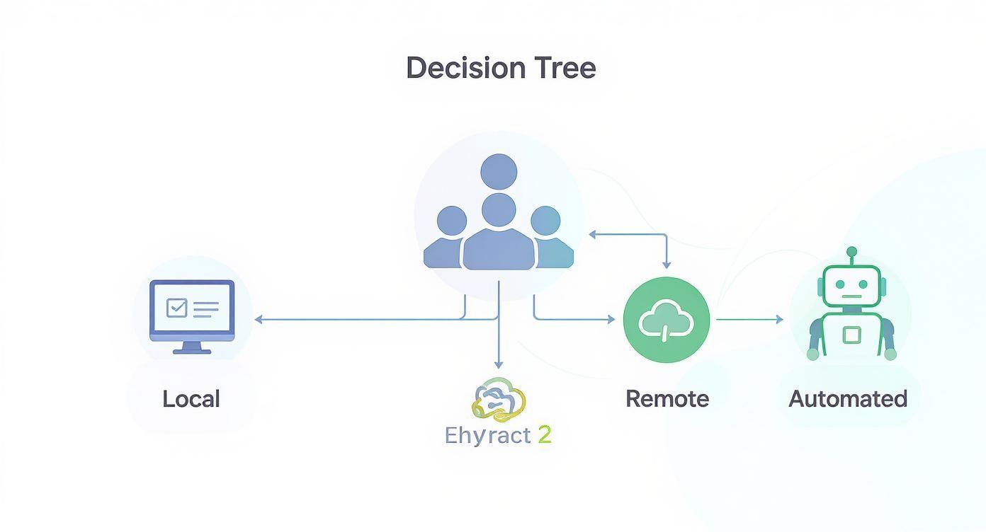 A decision tree diagram illustrating user interactions with local, Ehyract 2, remote, and automated processing options.