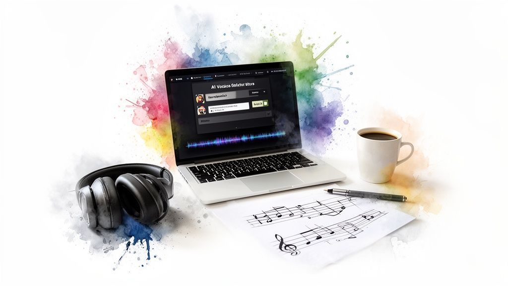 A creative workspace with a laptop displaying a voice editor, headphones, sheet music, and coffee.