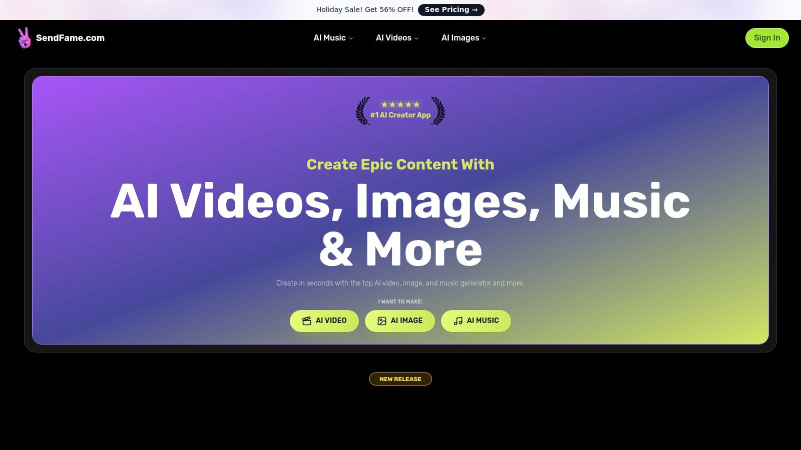 A screenshot of the SendFame platform showcasing its text to video ai tools